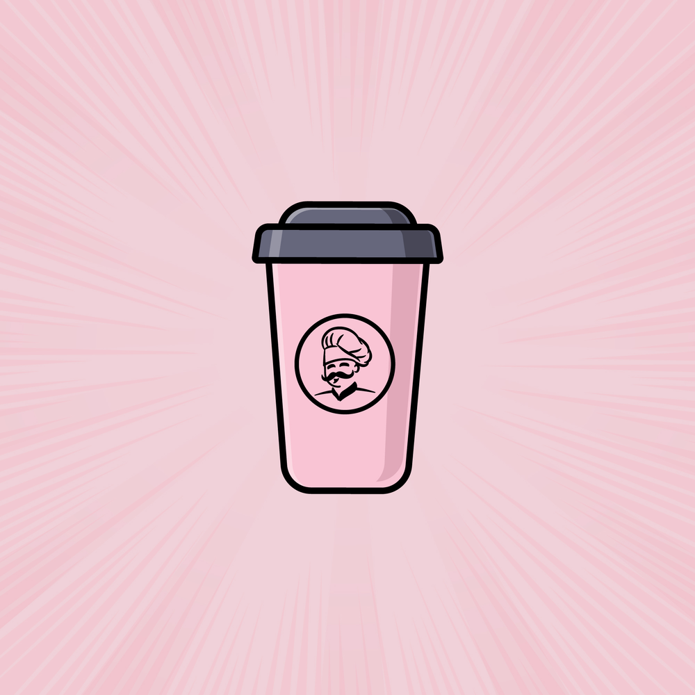 Ilustración de vaso de café rosado con el logo de American Cookies
