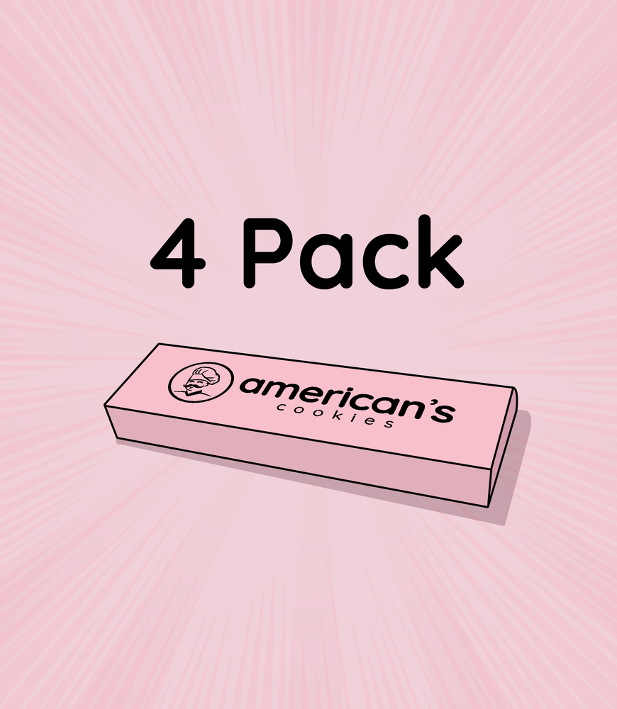 Ilustración de la caja rosa de American Cookies para 4 galletas