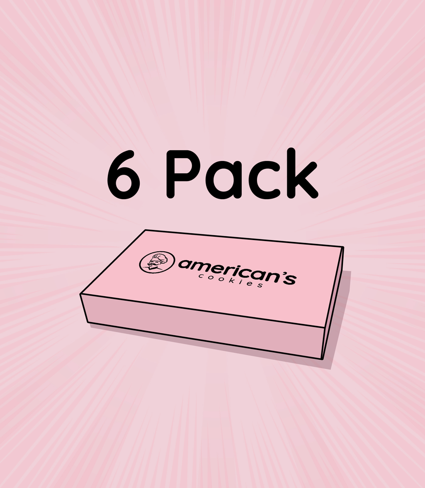Ilustración de la caja rosa de American Cookies para 6 galletas