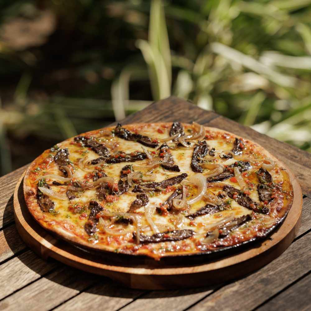 Pizza de entraña ahumada con chimichurri sobre tabla de madera