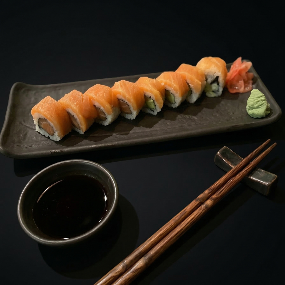 Alaska roll cubierto de salmón, servido con jengibre y wasabi