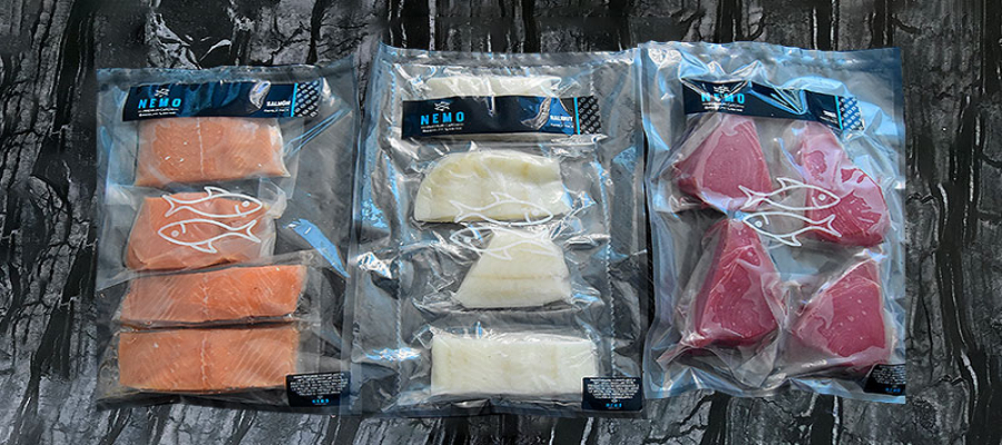 Family packs de salmón, corvina y tuna de Nemo empacados al vacío