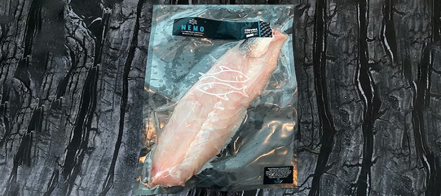 Filete entero de pescado Nemo empacado al vacío sobre fondo oscuro