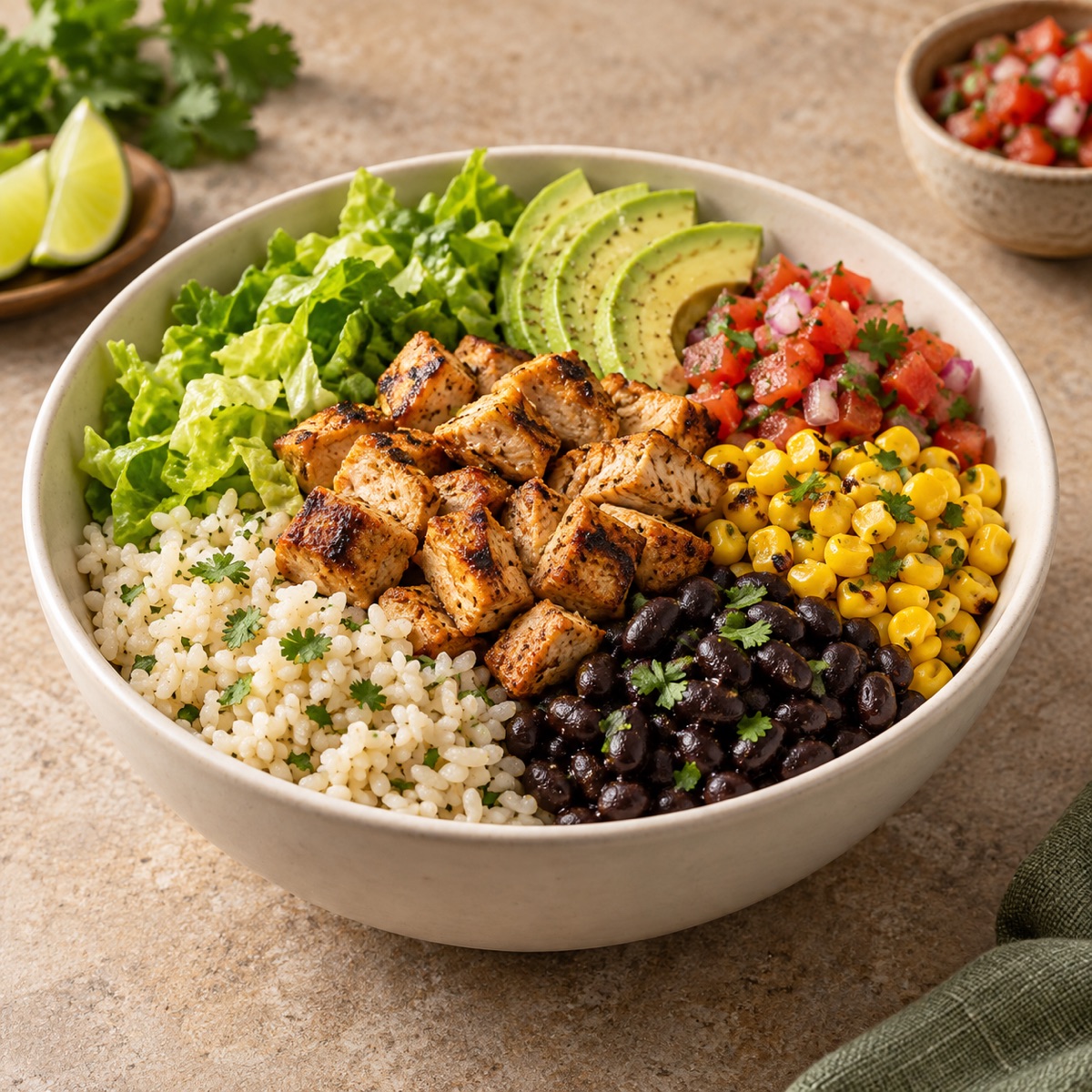 Bowl con arroz, proteína, frijoles, vegetales y guacamole