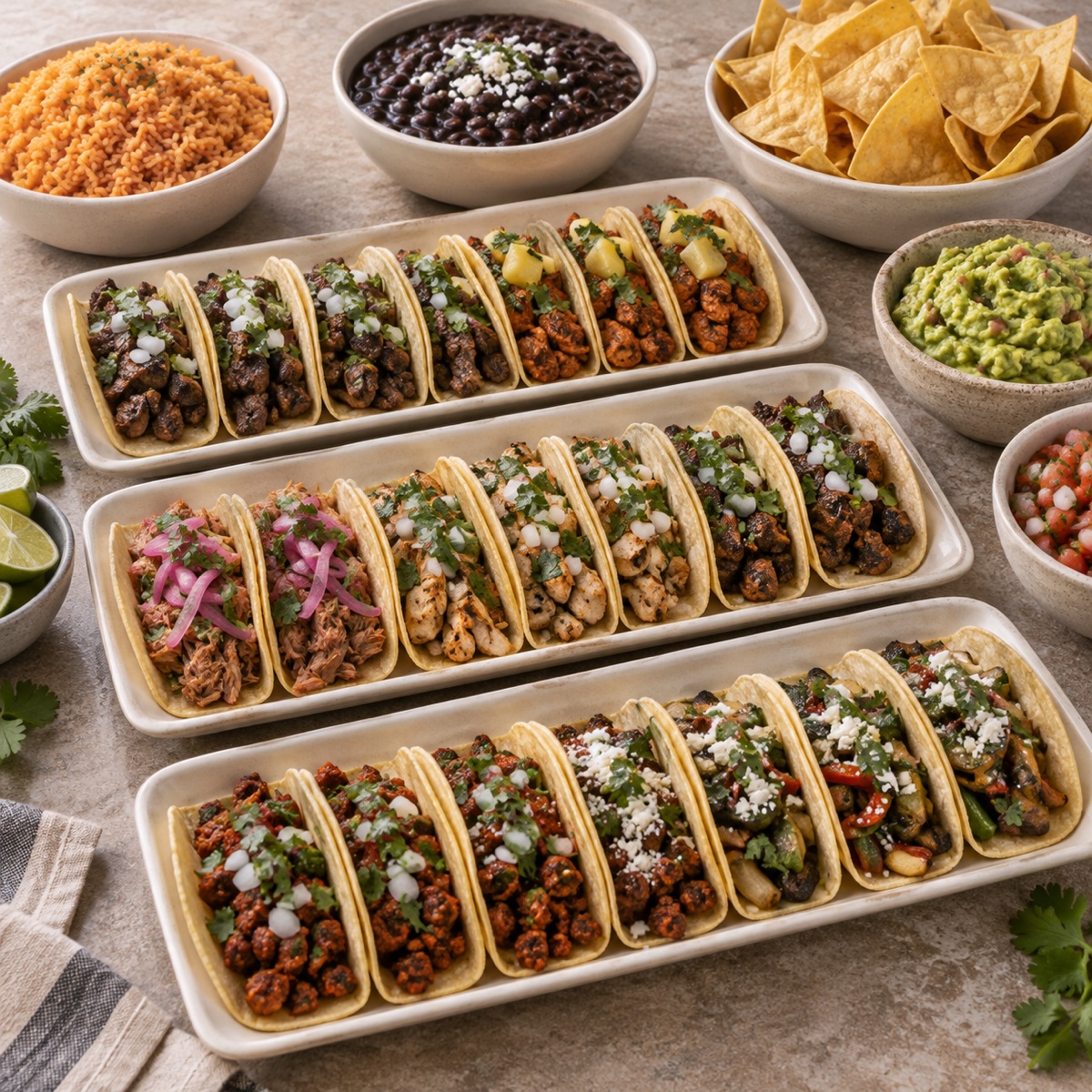 Taquiza de tacos variados con acompañamientos para compartir